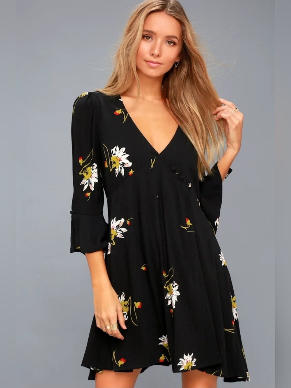 Free People Black Floral Print Wrap Dress Size S/P